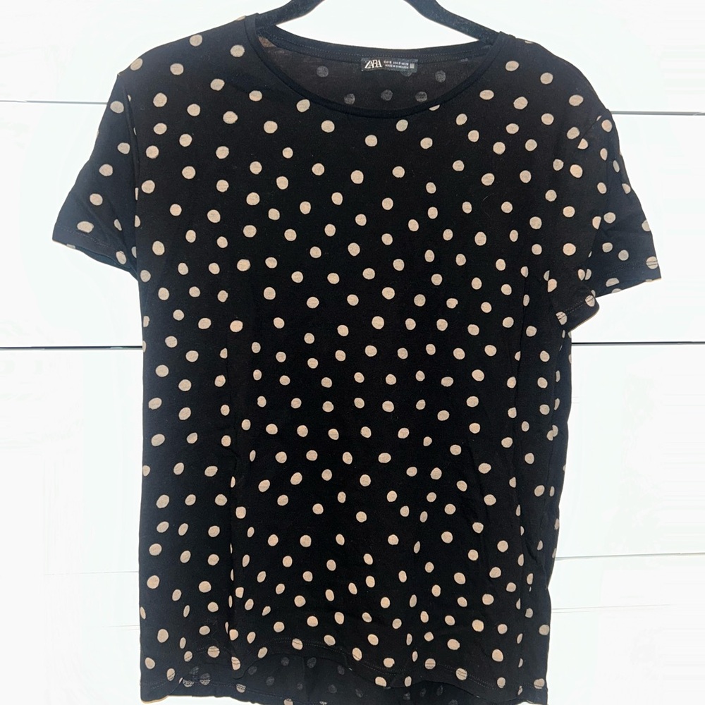 Zara Black and White Polka Dot Short Sleeve Tee